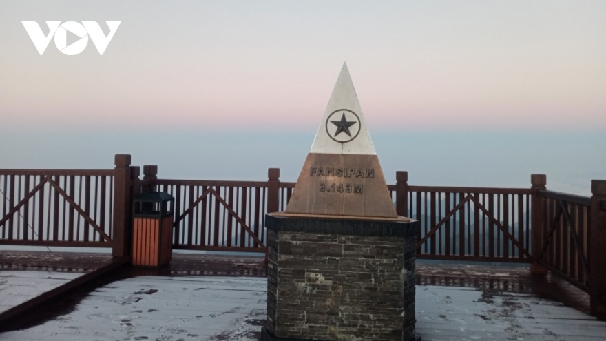 Hoarfrost on the top of Fansipan Mt. peak ahead of winter arrival